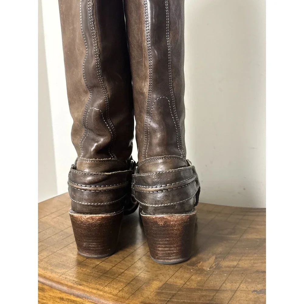 Frye Carmen Harness Tall Boots Women’s 7 B Brown Leather Moto Riding Western